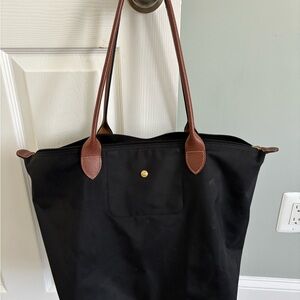 Longchamp Black Tote Bag with Brown Handles